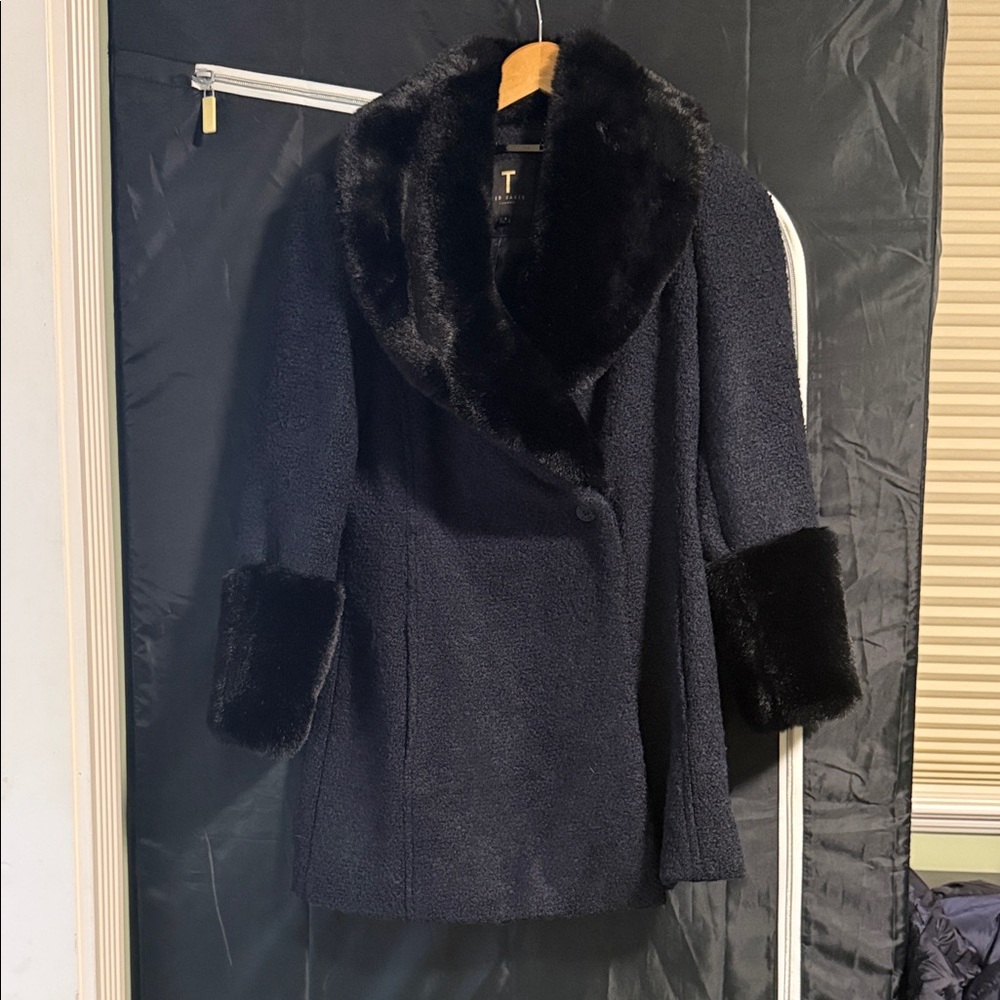 Ted Baker Black Faux Fur Collar & Cuff Wool-Blend Coat